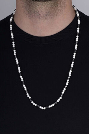 Gümüş Pazarım Sedef Hematit Yuvarlak Kesim Doğal Taş Erkek Kolye