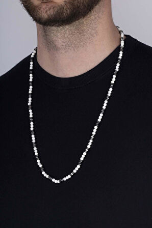 Gümüş Pazarım Sedef Hematit Yuvarlak Kesim Doğal Taş Erkek Kolye