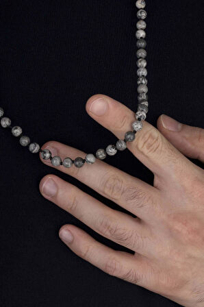 Gümüş Pazarım Yuvarlak Kesim Jasper Taşı Doğal Taş Erkek Kolye