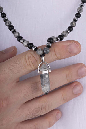 Gümüş Pazarım Oniks ve Jasper Taşı Doğal Taş Erkek Kolye