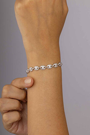 Gümüş Pazarım Zirkon Taşlı Oval Kesim Parçalı Tamtur Gümüş Kadın Bileklik