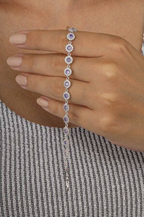 Gümüş Pazarım Mor Taşlı Güneş Model Sıralı Tamtur Kadın Gümüş Bileklik