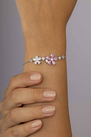 Gümüş Pazarım Pembe Beyaz Taşlı İkili Yonca Figürlü 925 Ayar Gümüş Bileklik