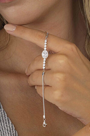 Gümüş Pazarım Oval Kesim Zirkon Taşlı 925 Ayar Gümüş Kadın Bileklik