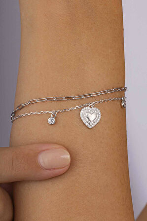Gümüş Pazarım Kalp Figürlü Çift Zincirli Kadın Gümüş Charm Bileklik
