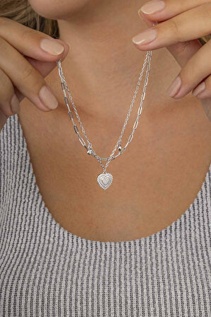 Gümüş Pazarım Kalp Figürlü Çift Zincirli Kadın Gümüş Charm Bileklik