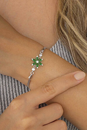 Gümüş Pazarım Yeşil Taşlı Aster Çiçeği Kadın Gümüş Bileklik