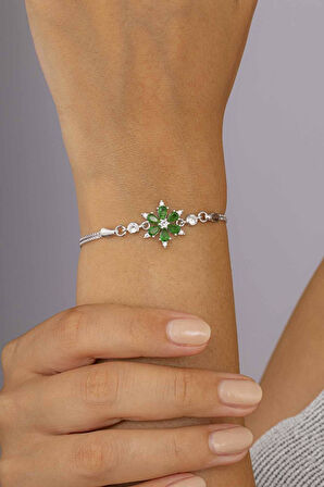 Gümüş Pazarım Yeşil Taşlı Aster Çiçeği Kadın Gümüş Bileklik