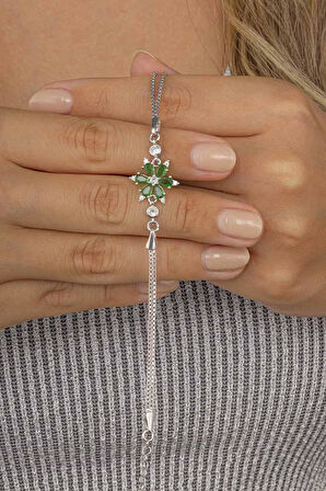 Gümüş Pazarım Yeşil Taşlı Aster Çiçeği Kadın Gümüş Bileklik