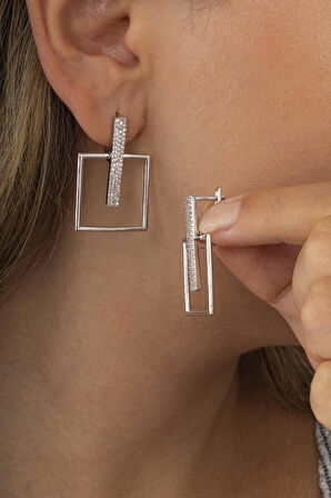 Gümüş Pazarım Kare Kesim J Model Beyaz Taşlı Kadın Gümüş Küpe