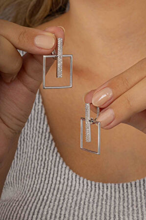 Gümüş Pazarım Kare Kesim J Model Beyaz Taşlı Kadın Gümüş Küpe