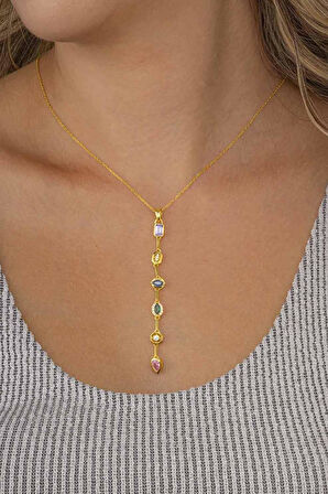 Gümüş Pazarım Renkli Taşlı Süzme Altın Kaplama Kadın Gümüş Kolye