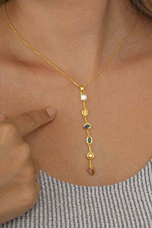 Gümüş Pazarım Renkli Taşlı Süzme Altın Kaplama Kadın Gümüş Kolye