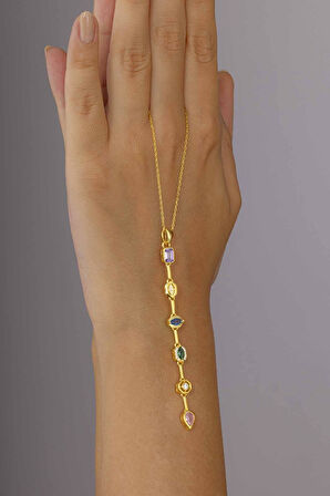 Gümüş Pazarım Renkli Taşlı Süzme Altın Kaplama Kadın Gümüş Kolye