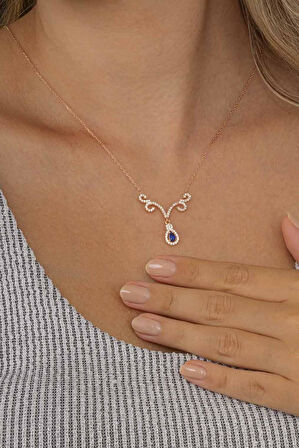 Gümüş Pazarım Safir Renkli Damla Kesim Su Yolu Kadın Gümüş Kolye