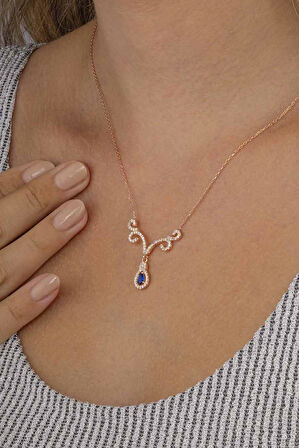 Gümüş Pazarım Safir Renkli Damla Kesim Su Yolu Kadın Gümüş Kolye