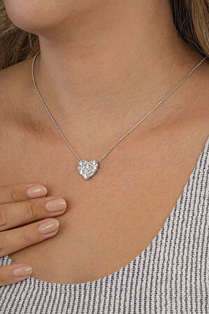 Gümüş Pazarım Baget Taşlı Top Zincirli Kalp Kadın Gümüş Kolye