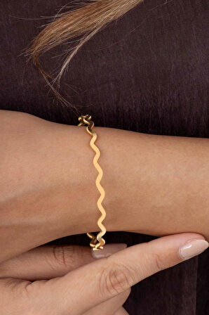 Gümüş Pazarım Altın Kaplama Dalgalı Model 925 Ayar Gümüş Kadın Ajda Bilezik