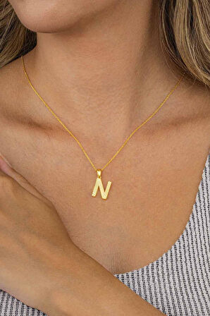 Gümüş Pazarım Altın Kaplama N Harfi Kadın 925 Ayar Gümüş Kolye