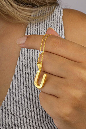 Gümüş Pazarım Altın Kaplama U Harfli Kadın 925 Ayar Gümüş Kolye