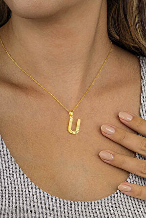 Gümüş Pazarım Altın Kaplama U Harfli Kadın 925 Ayar Gümüş Kolye