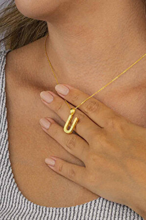 Gümüş Pazarım Altın Kaplama U Harfli Kadın 925 Ayar Gümüş Kolye