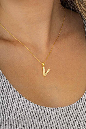 Gümüş Pazarım Altın Kaplama V Harfi Kadın 925 Ayar Gümüş Kolye