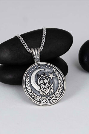 Gümüş Pazarım Bozkurt Ve Ay Yıldızlı 925 Ayar Gümüş Kolye