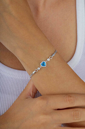 Gümüş Pazarım Aqua Taşlı Kalp Gümüş Su Yolu Bileklik