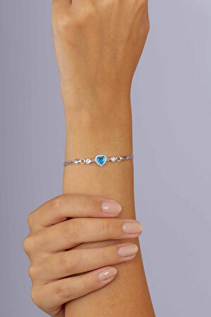 Gümüş Pazarım Aqua Taşlı Kalp Gümüş Su Yolu Bileklik