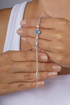 Gümüş Pazarım Aqua Taşlı Kalp Gümüş Su Yolu Bileklik