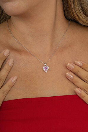 Gümüş Pazarım Özel Tasarım Pembe Taşlı 925 Ayar Gümüş Kolye