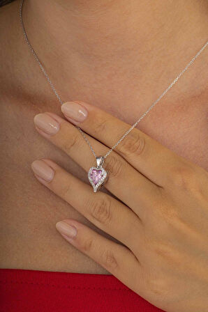 Gümüş Pazarım Özel Tasarım Pembe Taşlı 925 Ayar Gümüş Kolye