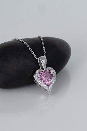 Gümüş Pazarım Özel Tasarım Pembe Taşlı 925 Ayar Gümüş Kolye