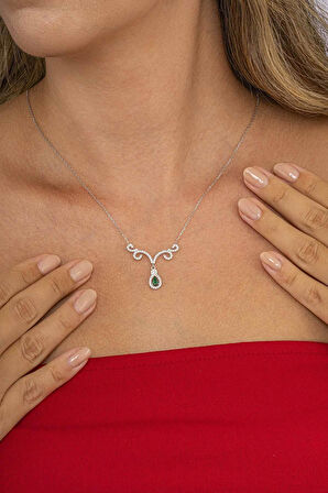 Gümüş Pazarım Pırlanta Model Yeşil Damla Taşlı 925 Ayar Gümüş Kolye