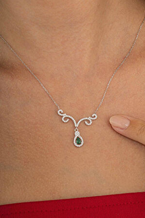 Gümüş Pazarım Pırlanta Model Yeşil Damla Taşlı 925 Ayar Gümüş Kolye
