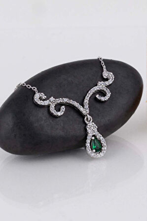 Gümüş Pazarım Pırlanta Model Yeşil Damla Taşlı 925 Ayar Gümüş Kolye