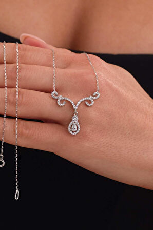 Gümüş Pazarım Pırlanta Model Beyaz Damla Taşlı 925 Ayar Gümüş Kolye