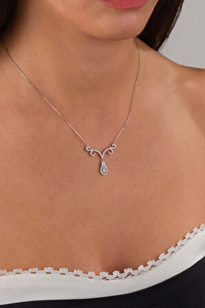 Gümüş Pazarım Pırlanta Model Beyaz Damla Taşlı 925 Ayar Gümüş Kolye