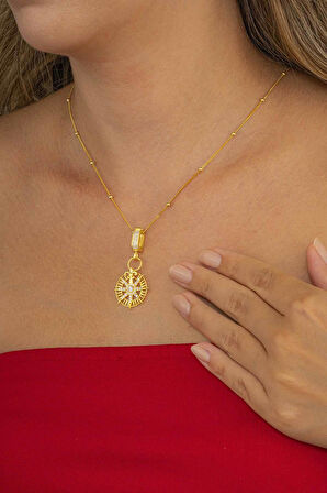 Gümüş Pazarım Altın Kaplama Yuvarlak Kuzey Yıldızı Pusula Gümüş Kolye