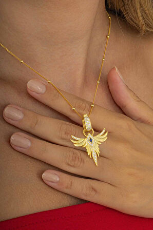 Gümüş Pazarım Altın Kaplama Safir Tek Taş Anka Gümüş Kolye