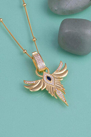 Gümüş Pazarım Altın Kaplama Safir Tek Taş Anka Gümüş Kolye