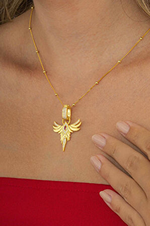 Gümüş Pazarım Altın Kaplama Yakut Renk Tek Taş Anka Gümüş Kolye