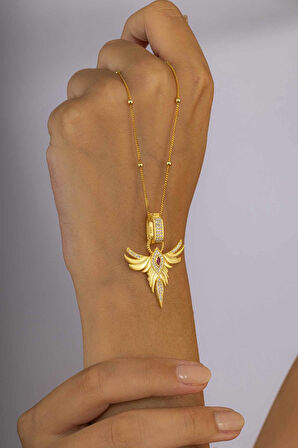 Gümüş Pazarım Altın Kaplama Yakut Renk Tek Taş Anka Gümüş Kolye