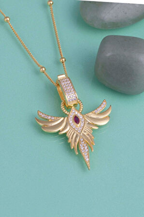 Gümüş Pazarım Altın Kaplama Yakut Renk Tek Taş Anka Gümüş Kolye