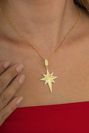 Gümüş Pazarım Taş Detaylı Altın Kaplama Top Zincirli 925 Ayar Gümüş Kutup Yıldızı Kolye