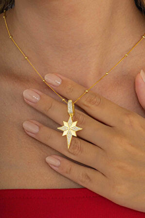 Gümüş Pazarım Altın Kaplama  Özel Tasarım Kutup Yıldızı Gümüş Kolye