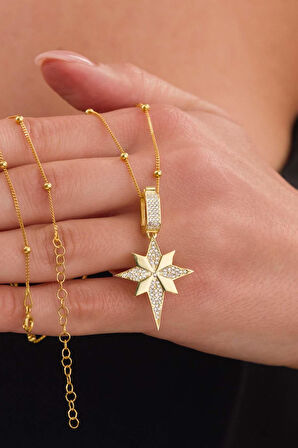 Gümüş Pazarım Altın Kaplama  Özel Tasarım Kutup Yıldızı Gümüş Kolye