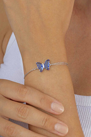 Gümüş Pazarım Mavi Taşlı Kelebek Gümüş Bileklik
