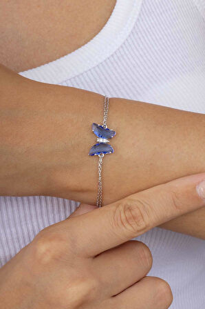 Gümüş Pazarım Mavi Taşlı Kelebek Gümüş Bileklik